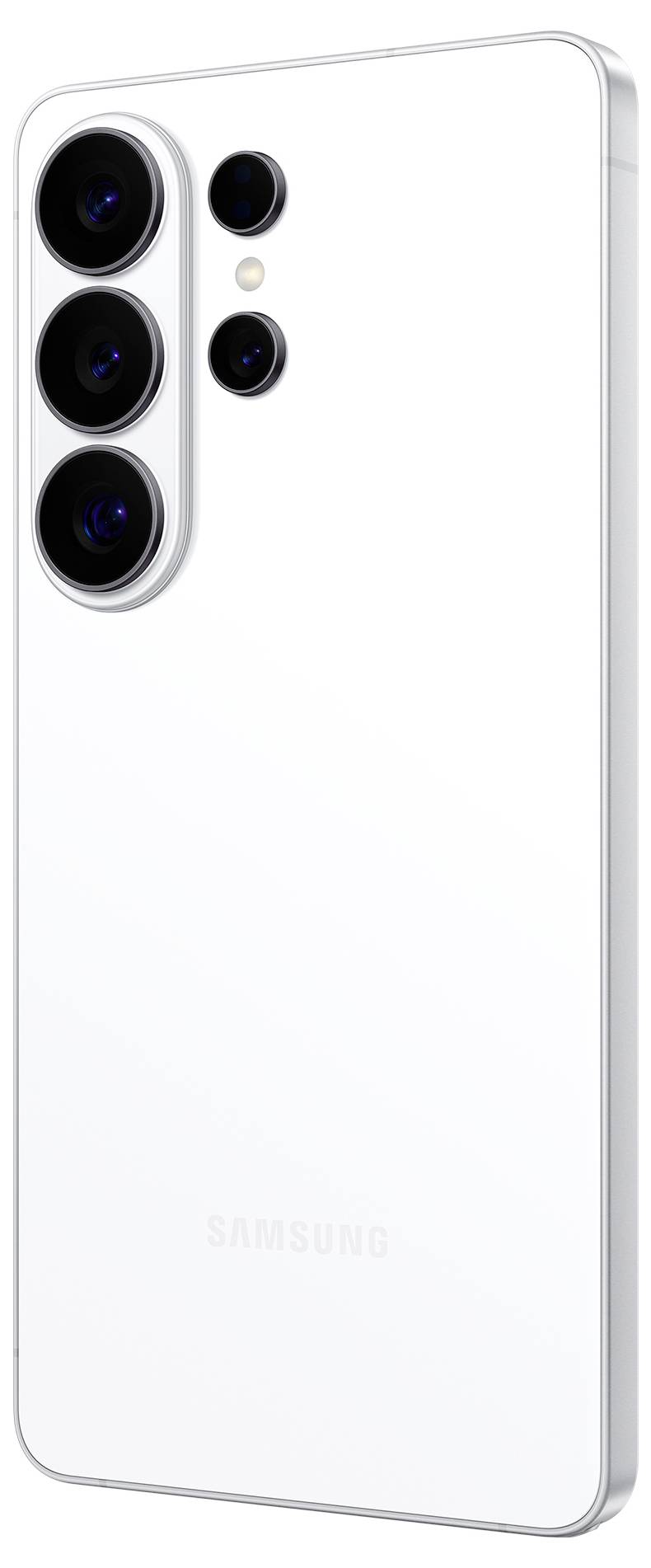 Een witte smartphone met drie achteraCamera's en een flitser, die een stijlvol ontwerp en 'Samsung'-branding op de achterkant laat zien.