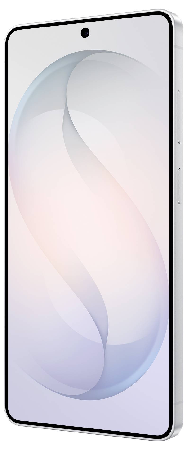 Een stijlvolle, moderne smartphone met een groot edge-to-edge scherm waarop een subtiel abstract ontwerp van vervlochten vormen op een lichte achtergrond wordt weergegeven.