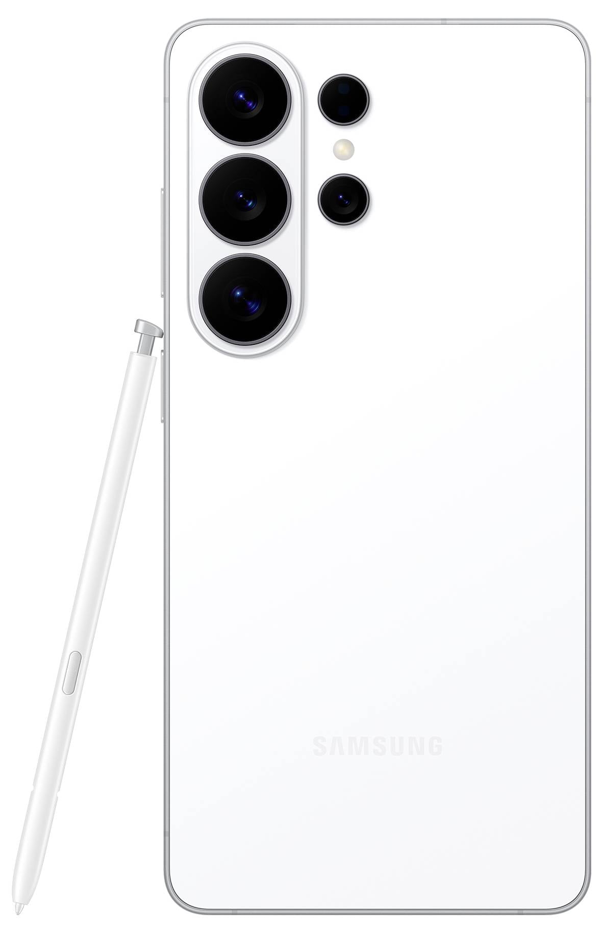 Een witte smartphone met drie grote cameralensen en een stylus ernaast, die het slanke ontwerp en de camerafuncties van het apparaat laten zien.
