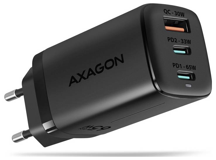 Zwarte AXAGON wandlader met twee EU-stekkers en drie USB-C-poorten gelabeld QC 30W, PD2 33W en PD1 65W.