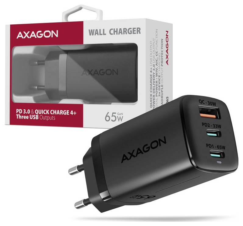 AXAGON 65W wandlader met drie USB-uitgangen, afgebeeld met retailverpakking. Labels bevatten 'PD 3.0 & QUICK CHARGE 4+' en 'QC-30W', 'PD2-33W', 'PD1-65W'.