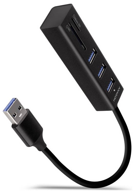 Compacte zwarte USB-C-hub met één USB-C-poort, drie USB-A-poorten en een kort aangesloten kabel met USB-A-stekker.
