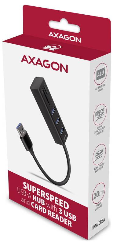 AXAGON SuperSpeed USB-A hub met 3 USB-poorten en een SD-kaartlezer, afgebeeld op productsoorten verpakking.