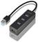 Zwarte AXAGON USB-hub met één USB-kabel en vier blauwe USB-poorten, weergegeven op een witte achtergrond.