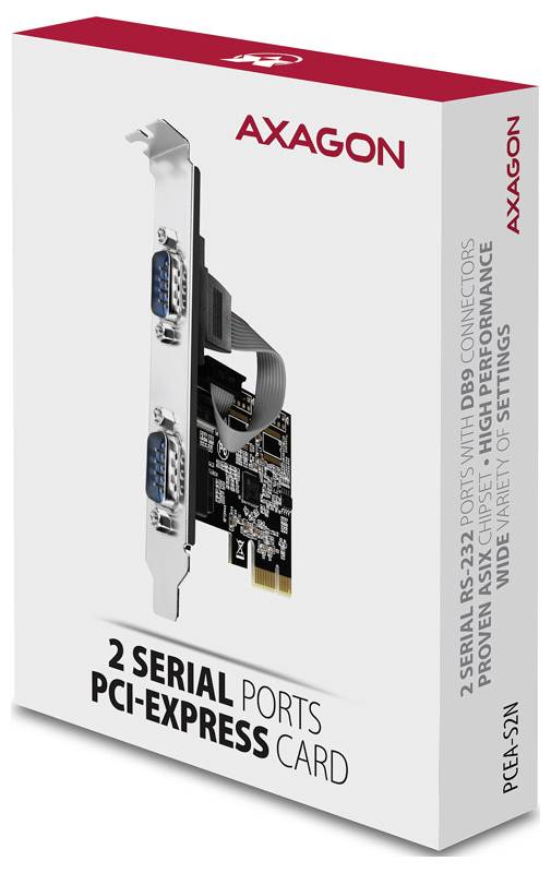 AXAGON retailverpakking voor een PCI-Express-kaart met 2 seriële poorten, met afbeelding van de uitbreidingskaart en de tekst '2 SERIËLE POORTEN PCI-EXPRESS-KAART'.