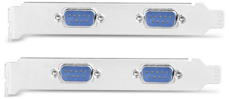 Twee zilveren computeruitbreidingsbeugels, elk met twee blauwe 9-pins seriële poorten.