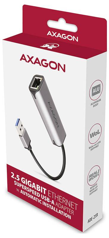 AXAGON 2.5 Gigabit Ethernet super snelheid USB-A adapter in retailverpakking, met kabel en aluminium behuizing weergegeven.