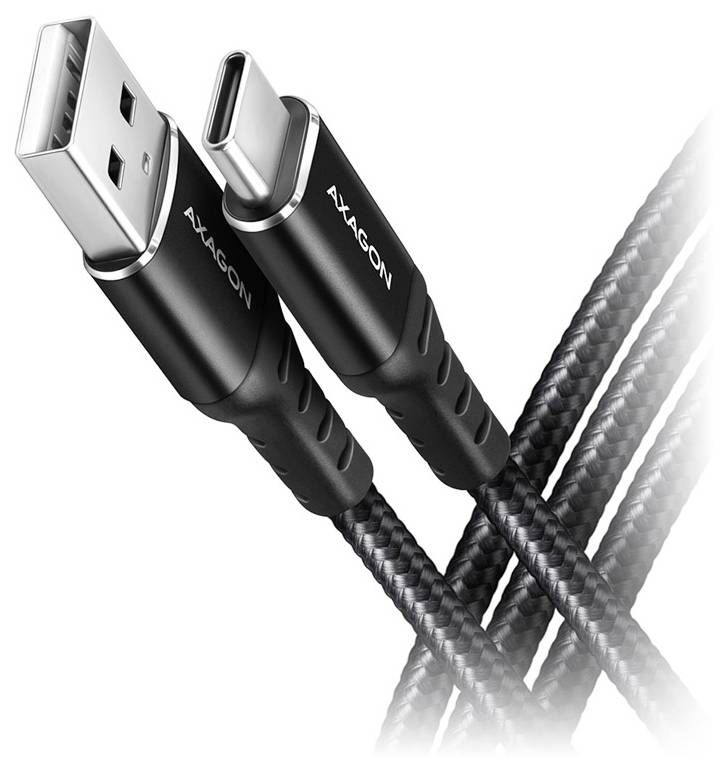 Twee gevlochten USB-kabels met zwarte AXAGON-connectoren, één USB-A en één USB-C, afgebeeld in kruisende positie op een witte achtergrond.