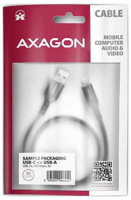AXAGON USB-C naar USB-A kabel in retailverpakking, gelabeld als 'CABLE' en 'MOBILE COMPUTER AUDIO & VIDEO,' met een QR-code en voorbeeldverpakkingstekst.