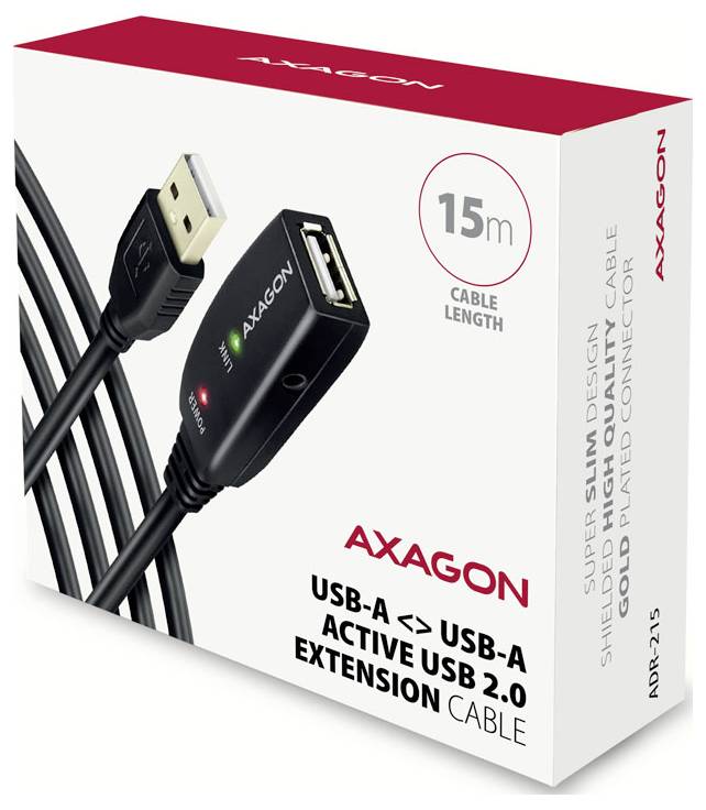 Axagon USB-A naar USB-A actieve USB 2.0 verlengkabel, 15 m lang, weergegeven op productverpakking.