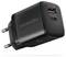 Zwarte AXAGON wandlader met EU-stekker, één USB-A-poort gelabeld QC-18W en één USB-C-poort gelabeld PD-20W.