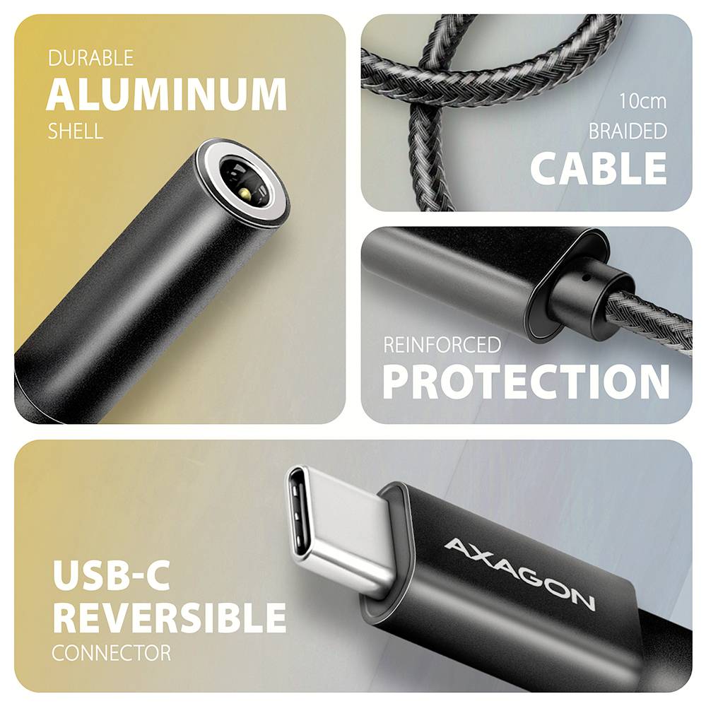Productpromotie met een zwarte USB-C-kabel met duurzame aluminium behuizing, 10 cm gevlochten kabel, versterkte bescherming en omkeerbare connector.