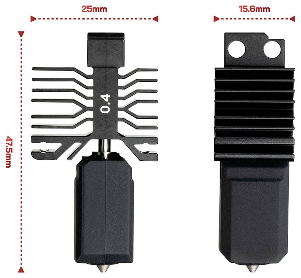 Diagram van een zwart elektronisch onderdeel getoond in voor- en zijkanten met afmetingen gelabeld 47,5mm hoog, 25mm breed en 15,6mm diep.