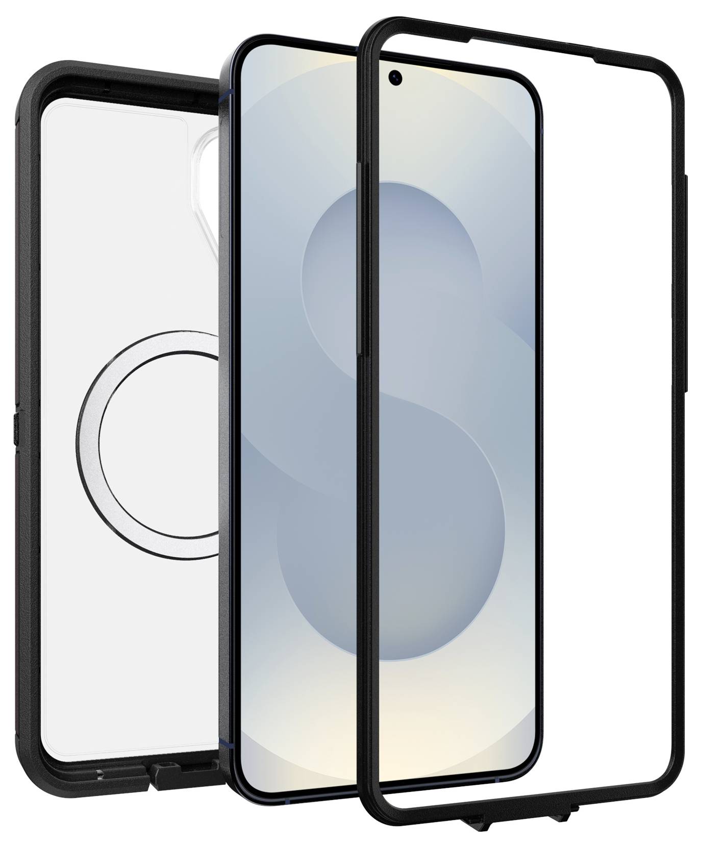 Twee zwarte smartphones weergegeven in zijkant- en frontaanzichten, met zicht op het slanke profiel van de telefoon en de indeling van de knoppen.