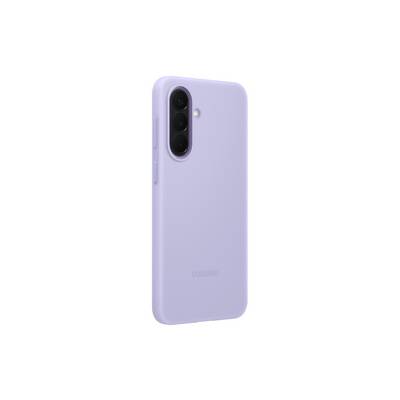 Lavendelkleurige Samsung-smartphone weergegeven vanaf de achterkant, met verticale triple camera-lenzen en een flitser linksboven.