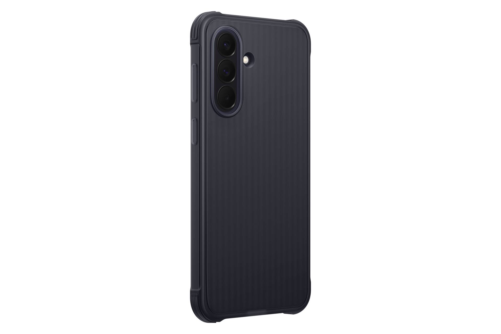 Zwart geribbeld smartphonehoesje, van achteren getoond, met verticale driedubbele camera-uitsnijdingen en een flitsopening.