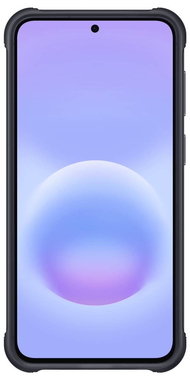 Vooraanzicht van een smartphone met een zwarte behuizing en een paars-blauw gradatie-achtergrond met een gloeiendebol in het midden.