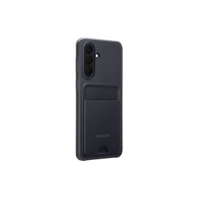Zwart Samsung smartphonehoezie met ingebouwde achterkaartslot en uitsparing voor de achteraméra's.