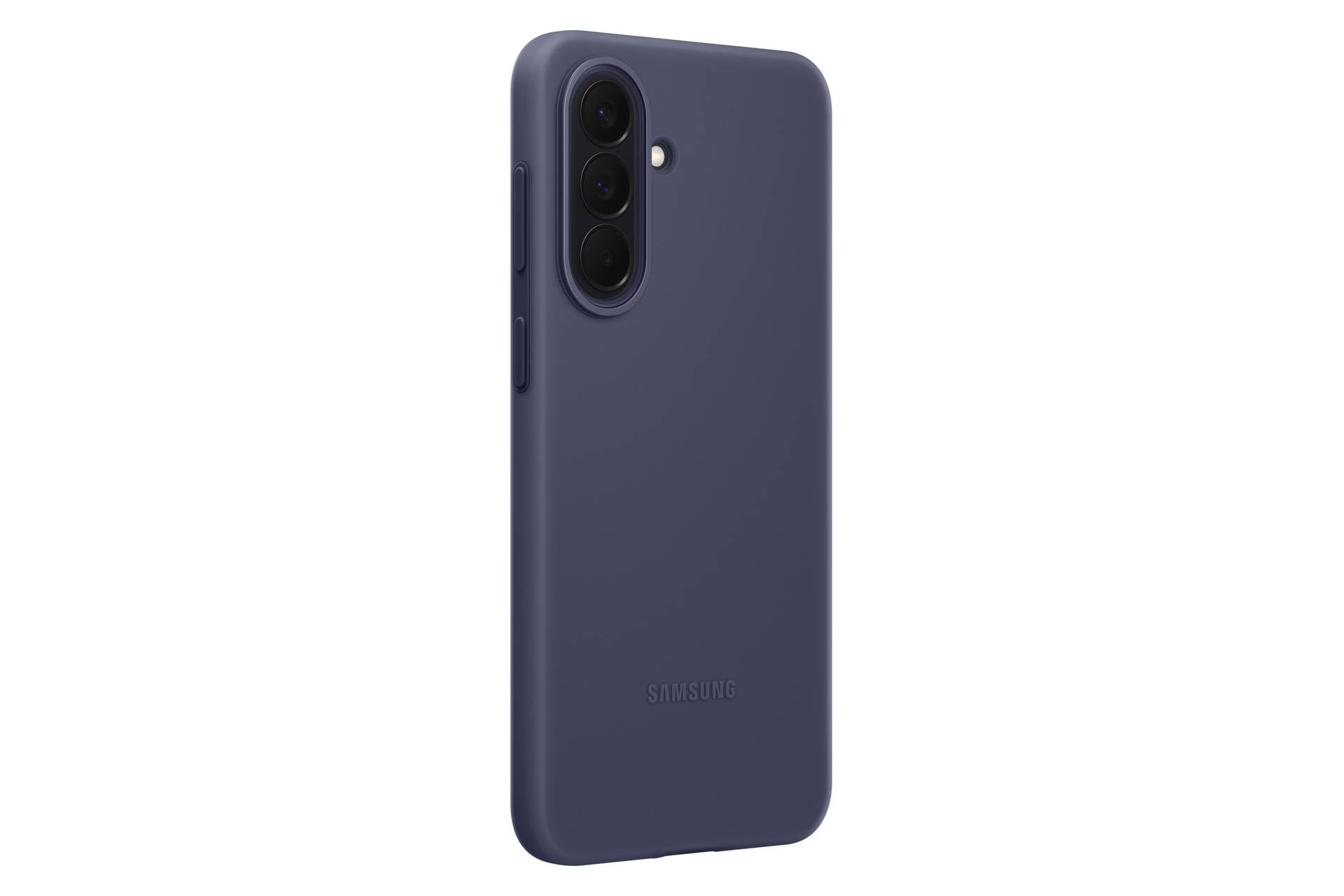 Donkerblauwe Samsung-smartphone achteraanzicht met drievoudige achteruitgerichte camera en flitser op een effen witte achtergrond