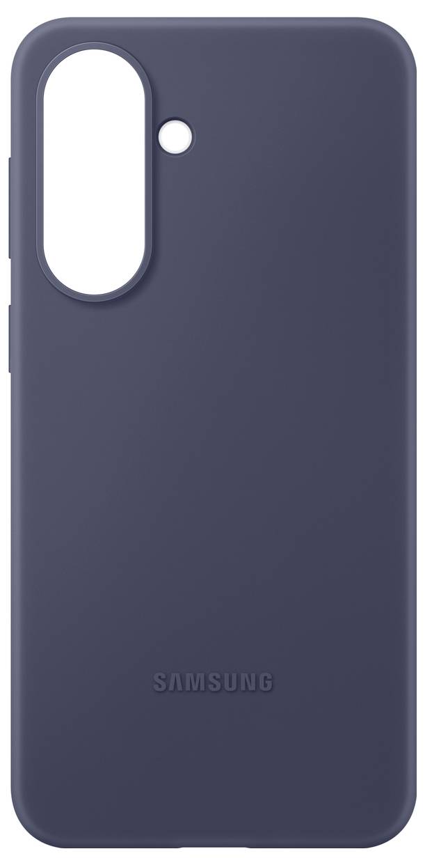 Donkerblauwe Samsung-telefoonhoesje weergegeven vanaf de achterkant, met een groot verticaal cameragat en een kleine flitsopening.