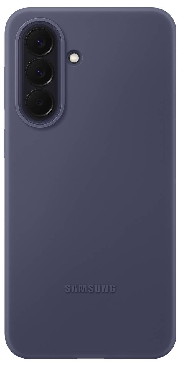Achterkant van een donkerblauwe Samsung-smartphonehoesje met driedubbele camerauitsnijding en flitsopening.