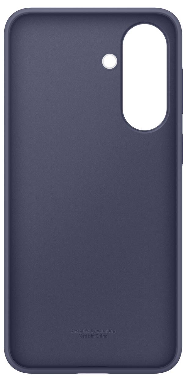 Donkerblauwe smartphone-hoes met een grote verticale uitsnijding aan de achterkant voor de camera en een kleine ronde uitsnijding aan de bovenkant.