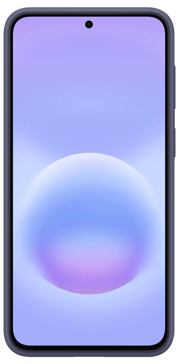 Vooraanzicht van een smartphone met een blauw-paarse gradiënt achtergrond en gecentreerde gat-punch camera.