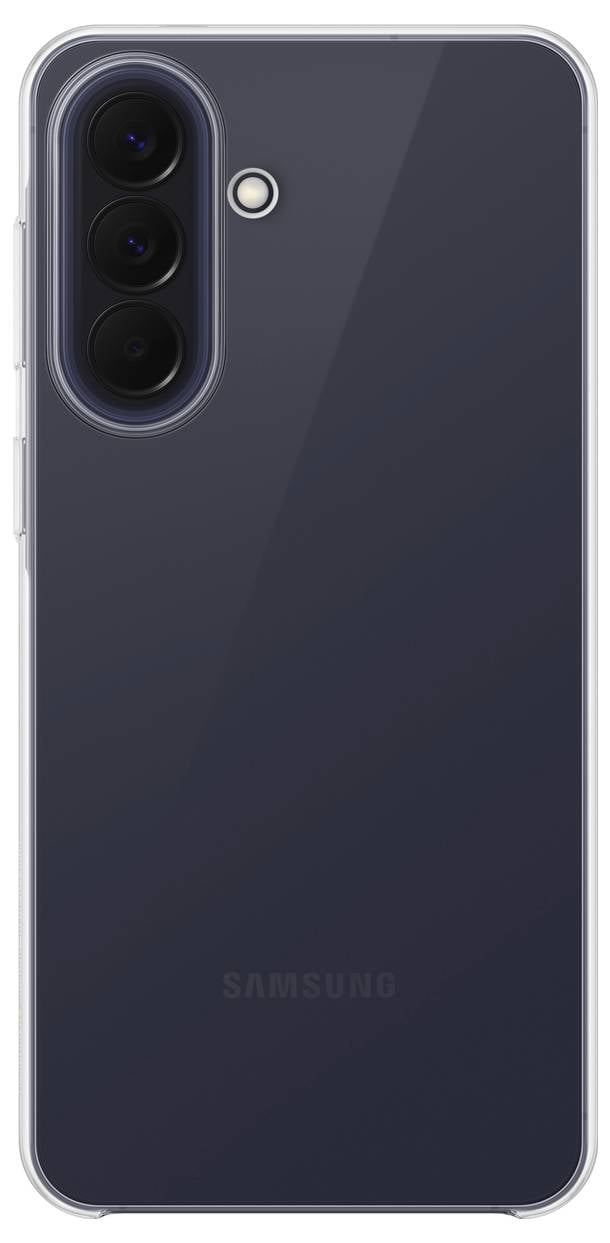 Achterkant van een donkergrijs Samsung-smartphone in een doorzichtig hoesje, met een drievoudige achteruitcameramodule en flitser linksbovenaan.