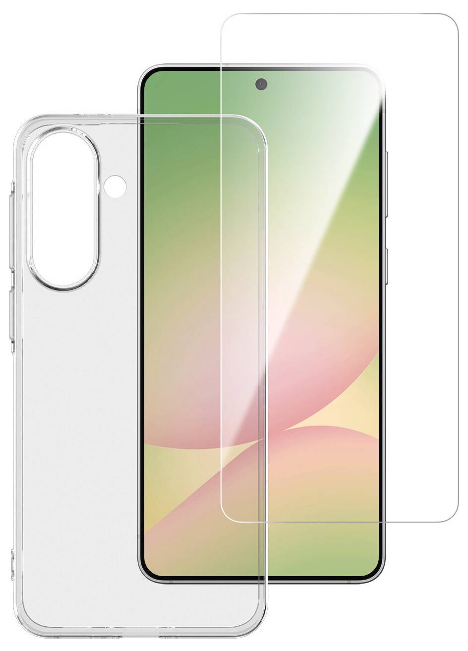 Transparante telefoonhoesje en schermprotector getoond over de voor- en achterkant van een smartphone, waardoor de beschermende pasvorm wordt geaccentueerd.