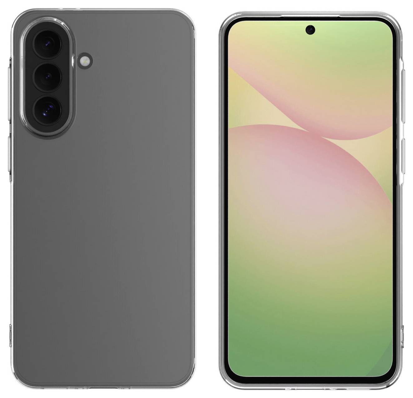 Grijze smartphone getoond van voor en achter, met drievoudige achterafcamera's en een gecentreerd gat-punch-display aan de voorkant.