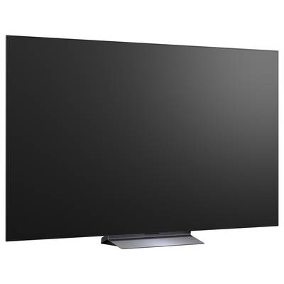 Een grote flatscreen-televisie met een leeg donker scherm op een voetstukstandaard, getoond tegen een witte achtergrond.