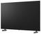 Grote flatscreen-televisie met een leeg zwart scherm op twee schuin geplaatste statieve, weergegeven tegen een witte achtergrond.