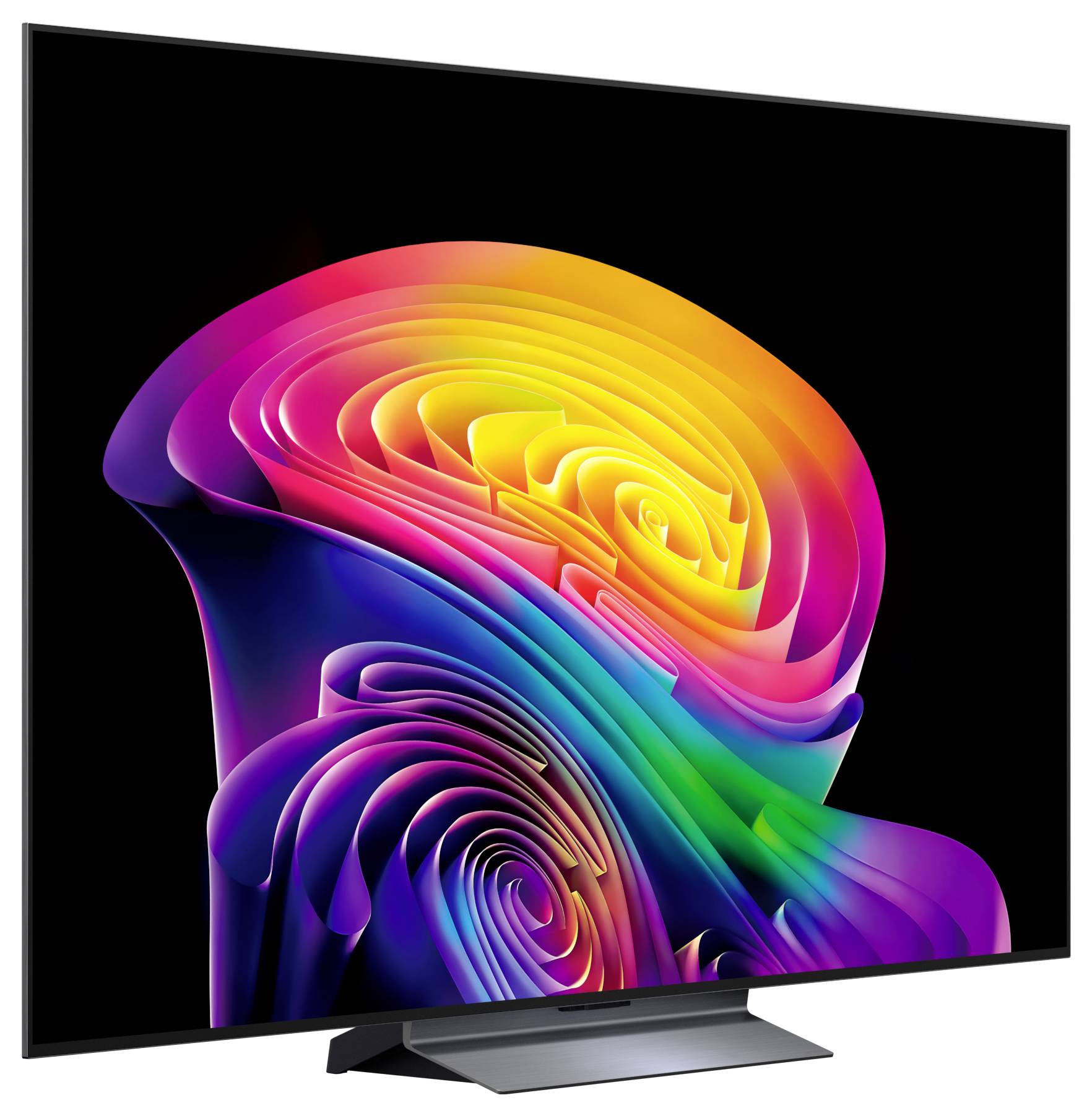 Een flatscreen-televisie die een levendige abstracte regenboogwerveling op een zwarte achtergrond weergeeft.
