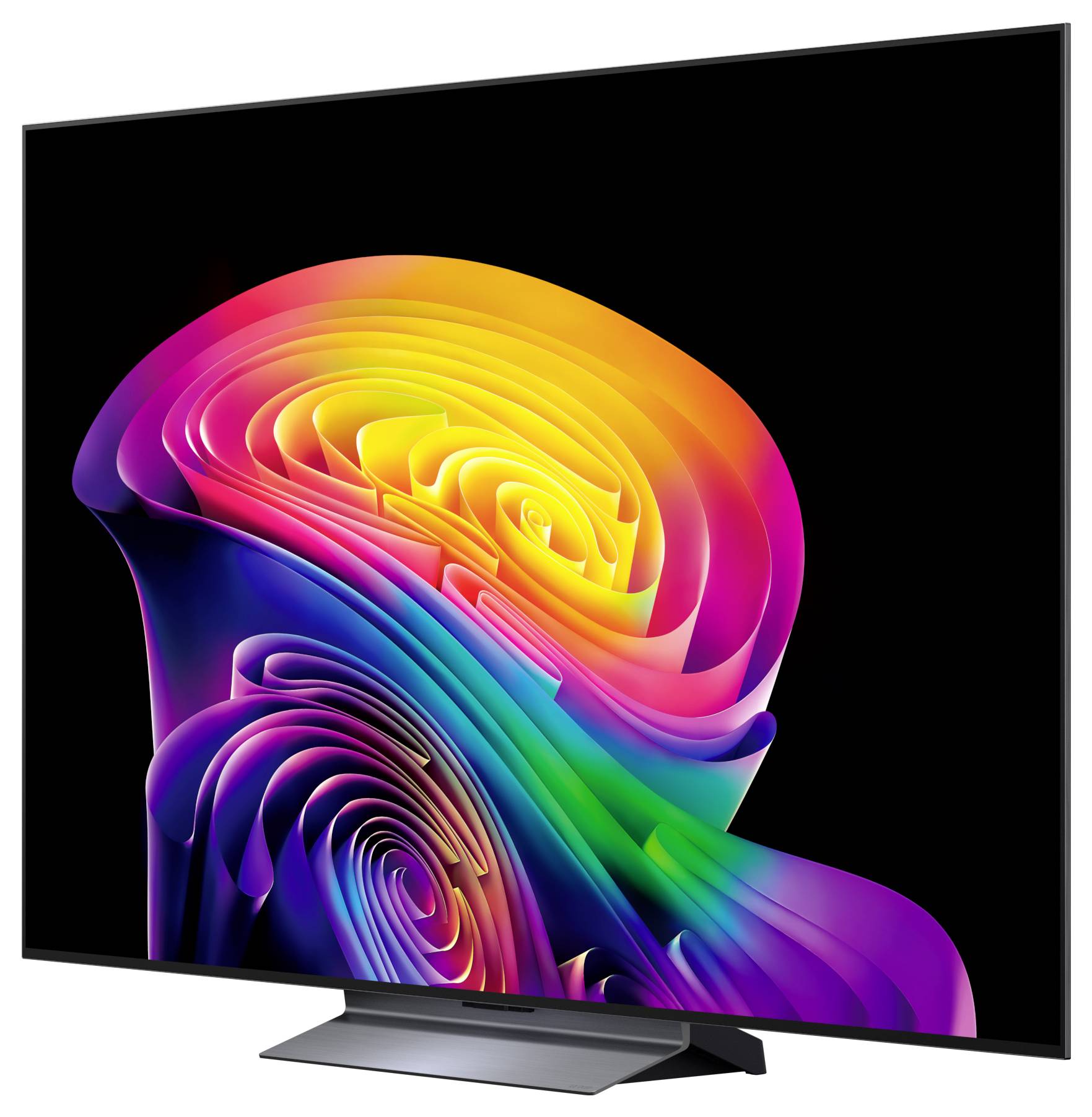 Moderne flatscreen-tv met abstract kleurrijk spiraalkunstwerk op zwart scherm, weergegeven op een standaard.