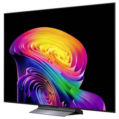 Moderne flatscreen-tv met abstract kleurrijk spiraalkunstwerk op zwart scherm, weergegeven op een standaard.