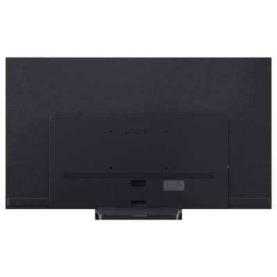 Achteraanzicht van een LG OLED-televisie op een standaard, met zicht op het achterpaneel en de kabelpoorten.