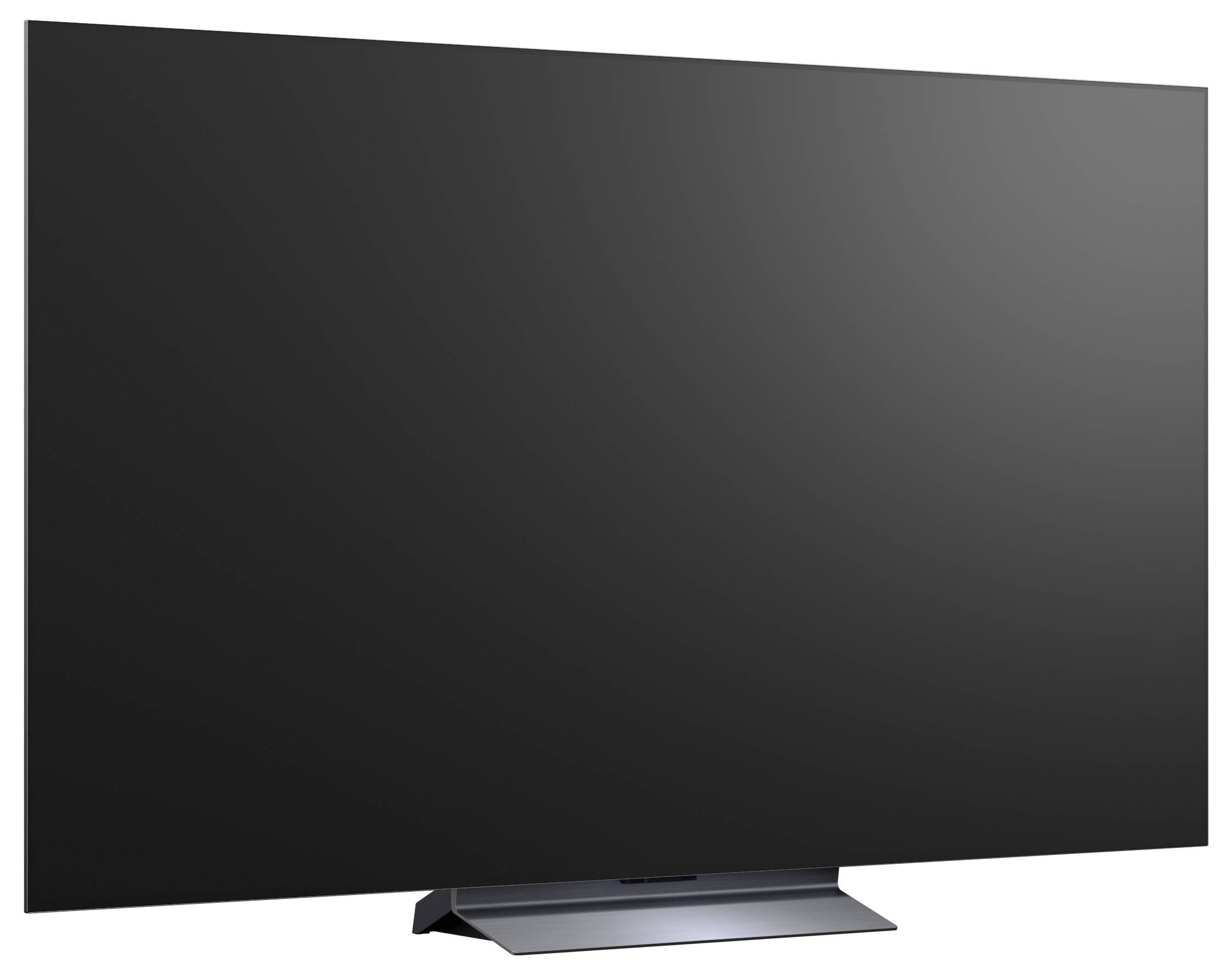 Een grote flatscreen-televisie met een leeg donker scherm op een standaard.
