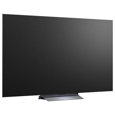 Een grote flatscreen-televisie met een leeg donker scherm op een standaard.