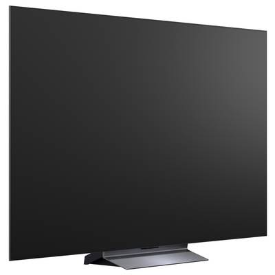 Een groot flatscreen-televisietoestel met een leeg zwart scherm op een standaard, getoond tegen een witte achtergrond.