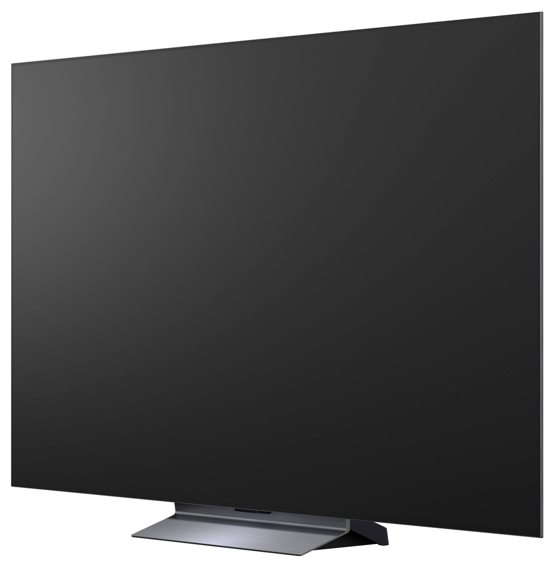 Grote flatscreen-tv met een leeg donker scherm op een standaard, van voren onder een lichte hoek afgebeeld.