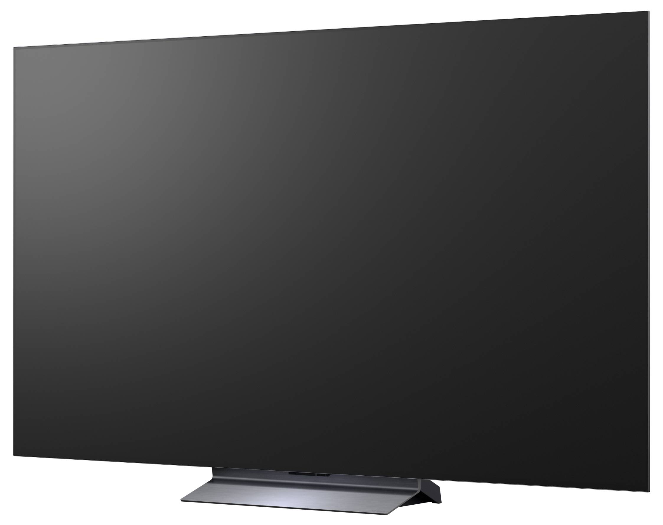 Flatscreen-televisie met een leeg zwart scherm op een standaard, weergegeven tegen een witte achtergrond.