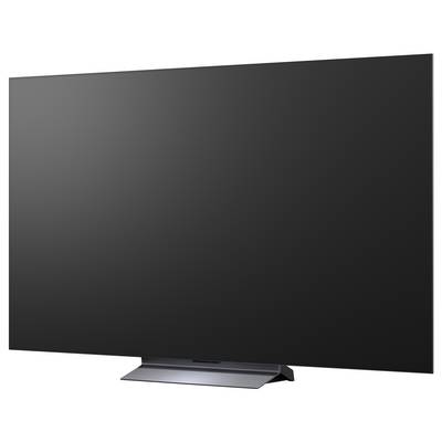 Flatscreen-televisie met een leeg zwart scherm op een standaard, weergegeven tegen een witte achtergrond.