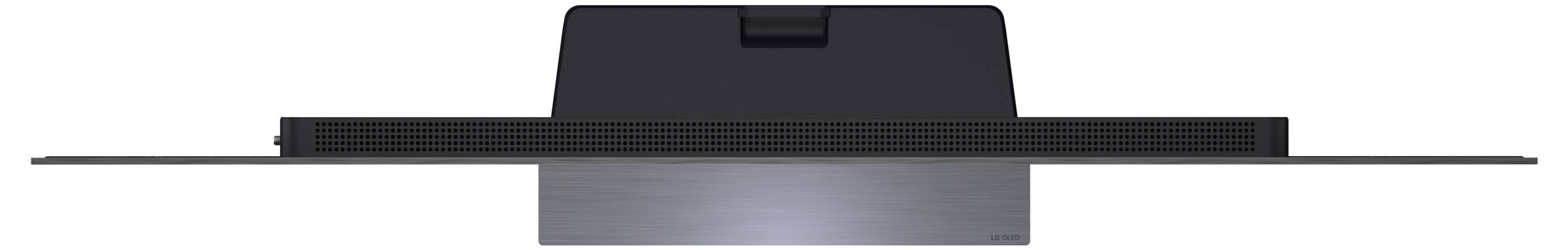 Een sleek zwarte flatscreen-monitor getoond in profielen, gemonteerd op een centraal voetje met een brede basis.