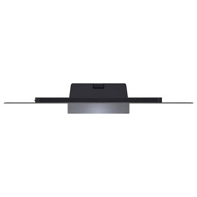 Een sleek zwarte flatscreen-monitor getoond in profielen, gemonteerd op een centraal voetje met een brede basis.