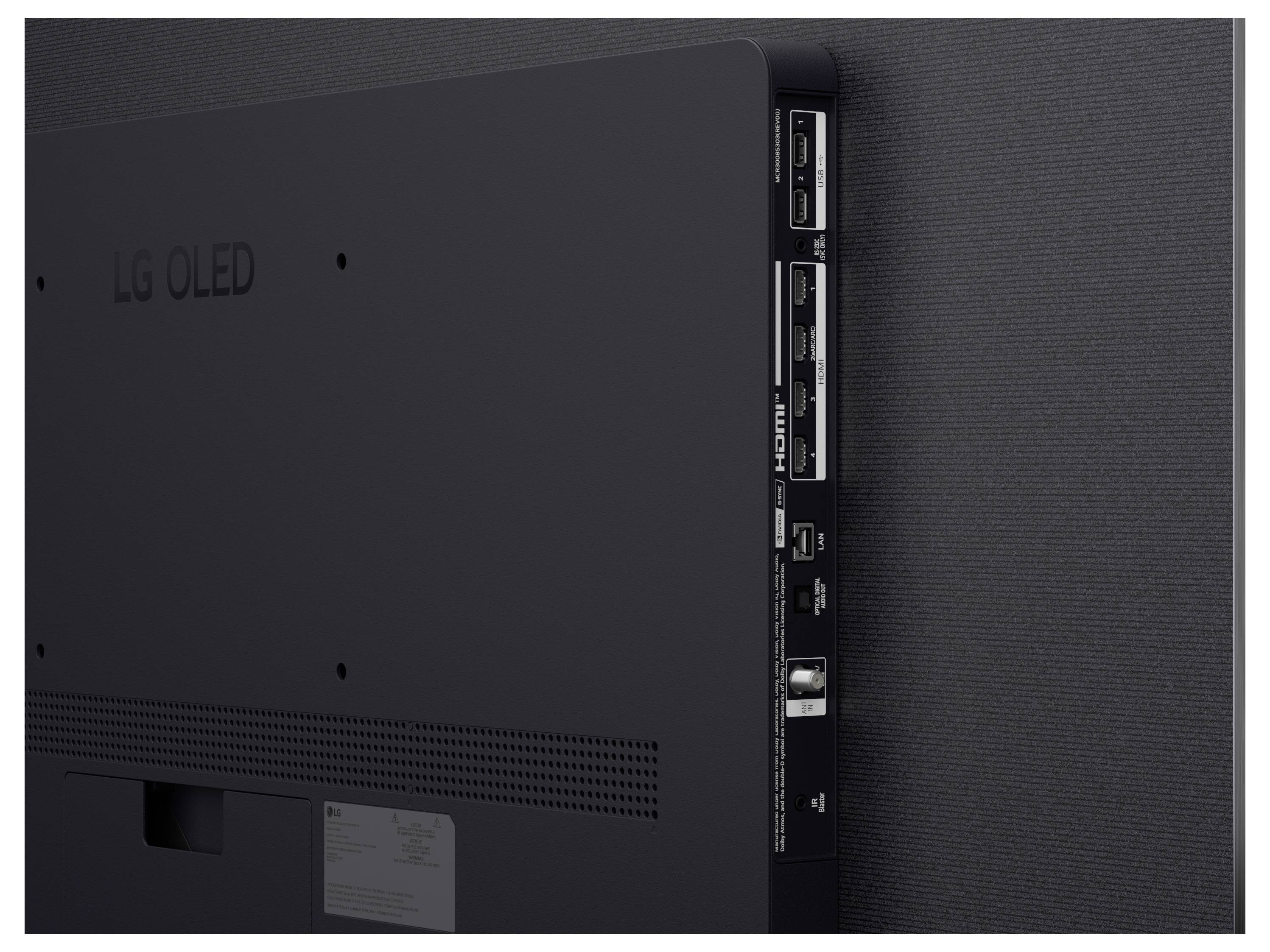 Achterkant van een LG OLED-televisie met zijn ingangen en aansluitingen aan de rechterkant, inclusief HDMI- en USB-poorten.