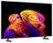 Een flatscreen-tv die abstracte kleurrijke spiraalwervelingen op een zwarte achtergrond weergeeft, weergegeven op standaardpoten.