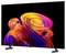 Een flatscreen-tv die een kleurrijke abstracte 3D-wervelpatroon op een zwarte achtergrond weergeeft.