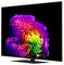 Een flatscreen-tv toont een levendige abstracte meerkleurige wervelwind op een zwarte achtergrond, weergegeven onder een hoek met een voetstuk.