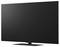 Vooraanzicht van een grote zwarte flatscreen-tv op een standaard, uitgeschakeld tegen een witte achtergrond weergegeven.