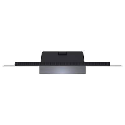 Een flatscreen-display met een centraal voetsteunframe en slanke horizontale basis, gezien van achteren of van opzij.